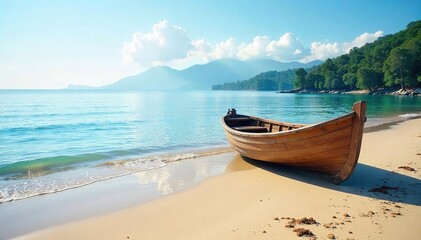A small wooden rowboat gently rests on a tranquil, sandy beach at low tide, surrounded by calm water and peaceful scenery , calm, shore, low tide
