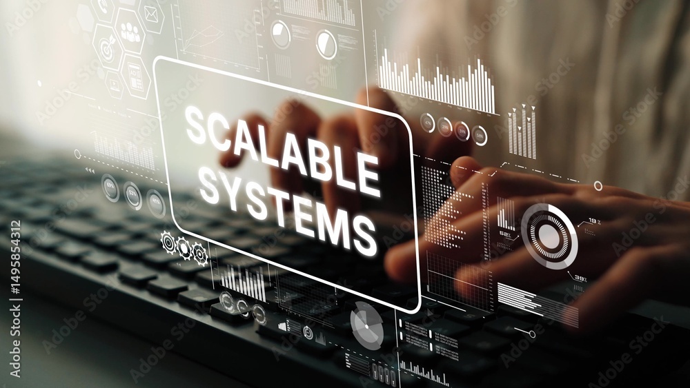 Poster Business professional typing on keyboard with digital interface displaying scalable systems and technology concepts. Asymptotic smart data analytic.