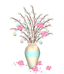 bouquet of beautiful spring flowers in vase on a blue background, with pastel rainbow easter eggs
