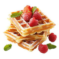 Delicious Stack of Golden Waffles Topped with Fresh Raspberries and Mint Leaves in a Bright Setting on transparent background