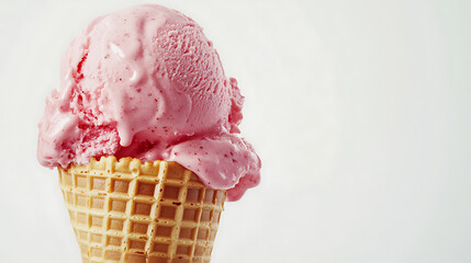 Delicious strawberry ice cream in a waffle cone
