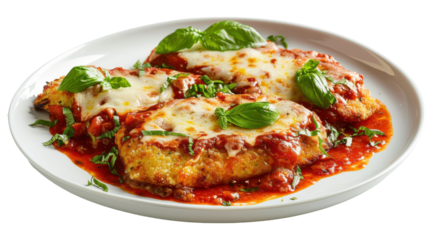 Deliciously baked chicken parmesan topped with fresh basil and served on a white plate