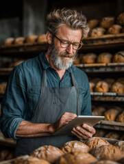 Bakery owner analyzes sales trends while surrounded by fresh bread