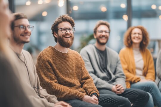 A group of diverse people sit in a circle, smiling and laughing during a meeting, creating a positive and supportive environment for teamwork and collaboration.