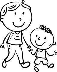 Cartoon fther walking with child. Father holding his son's hand. Isolated black and white illustration