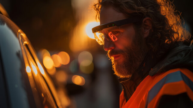 A delivery worker intently reviews an optimized route while wearing smart glasses. The warm sunset casts a golden glow as vehicles pass by, enhancing the evening atmosphere.