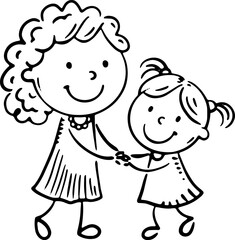 Mom dances with her daughter holding hands. Outline cartoon famiily clipart, isolated illustration