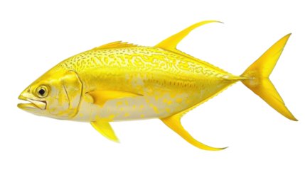 A vibrant yellow fish swimming gracefully in a clear ocean, surrounded by coral reefs