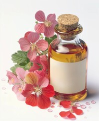 a single artisanal glass bottle of geranium essential oil with a natural cork stopper. Arranged with fresh geranium blossoms and scattered oil droplets for a vibrant, uplifting look.
