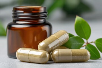 Close-up of natural supplement capsules and an amber bottle, showcasing alternative medicine, wellness, and healthy lifestyle products for dietary support and wellbeing.