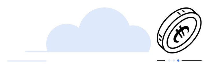 Coin with currency mark alongside abstract cloud shape represents blockchain, cryptocurrency, digital transactions. Ideal for fintech, cloud computing, decentralized finance, e-commerce, technology
