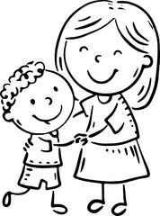 Mother Hugging Her Son. Outline cartoon illustration, isolated family clipart