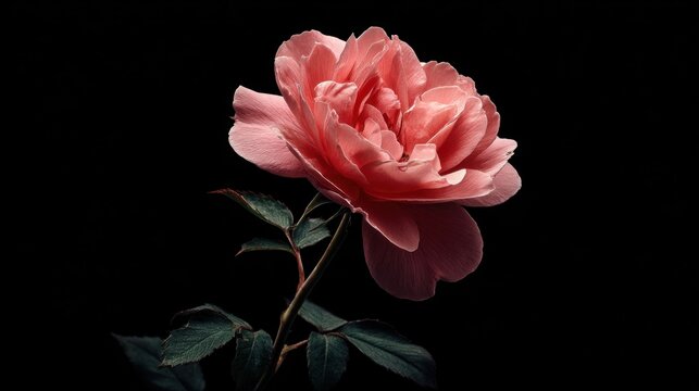 Delicate pink rose on black background