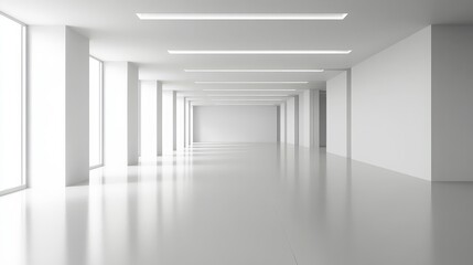 Fototapeta premium A long bright white hallway with pillars and windows leading to a distant white wall space