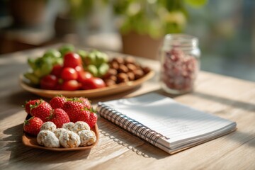 An appetizing healthy breakfast featuring fresh strawberries, vegetables, nuts, and a jar of dried fruits with a notebook on a wooden table in natural sunlight.