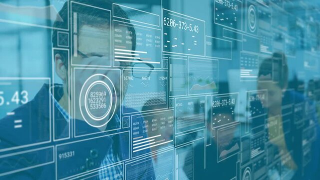 Man in suit adjusting glasses and activating tech panels scanning eye movements for data analysis