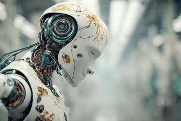 Fototapeta premium Close-up view of a futuristic humanoid robot with intricate mechanical details and a sleek, white exterior, embodying advanced technology and innovative design concept.