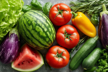 Vibrant display of fresh vegetables and fruits arranged on a rustic surface
