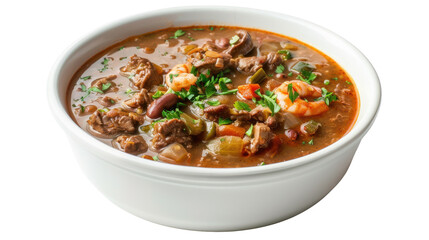 A steaming bowl of hearty gumbo filled with shrimp and beef, garnished with herbs