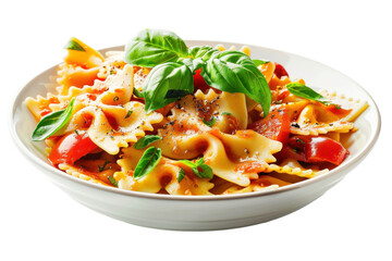 A vibrant bowl of farfalle pasta with fresh basil and bell peppers, garnished, in a kitchen setting