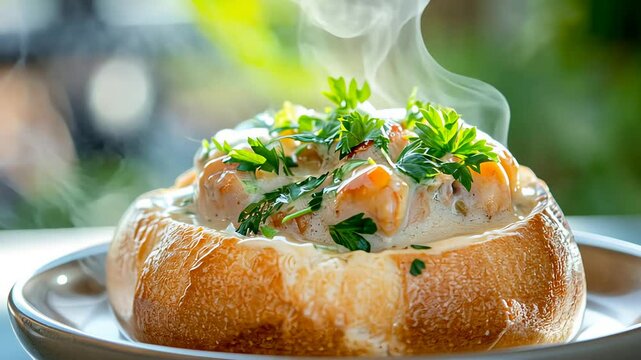 Creamy shrimp chowder in a bread bowl garnished with fresh herbs.