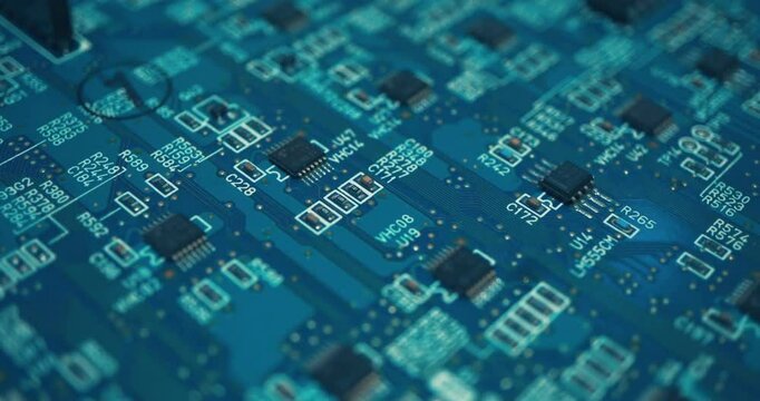 View of a circuit board with processor and line chip computer electrical