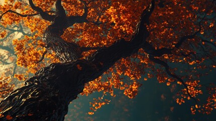 Majestic Autumn Tree with Vibrant Orange Leaves Against a Misty Background
