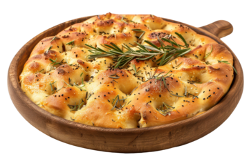 Freshly baked focaccia bread topped with rosemary and spices on a wooden board
