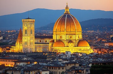 Fototapeta premium Illuminated duomo of florence italy at dusk overlooking the picturesque cityscape.