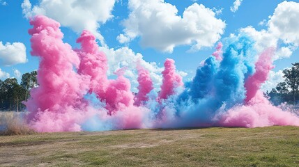 Gender reveal with pink and blue smoke plumes rising against a partly cloudy sky on a grassy field