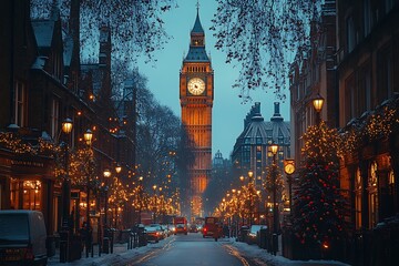 Big ben clock tower in london during a winter evening with festive decorations