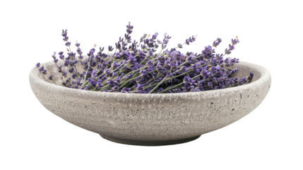 A rustic bowl filled with fresh lavender, set against a minimalistic background