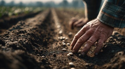 Hands planting seeds in rows of soil