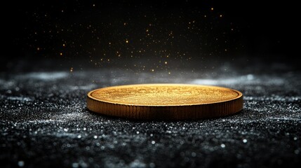 Golden coin on dark textured surface with glittering particles