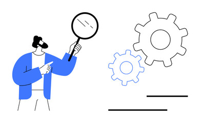 Man holding magnifying glass inspecting gears, symbolizing analysis, troubleshooting, system improvement. Ideal for productivity, strategy, research, innovation development efficiency. Flat simple