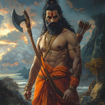 Illustration of lord parshuram with axe and bow for parshuram jayanti.