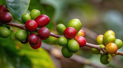 Coffee cherries in various stages of ripeness on a branch