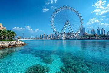 Fototapeta premium Panoramic view of the iconic ain dubai ferris wheel with the dubai skyline under a clear blue sky