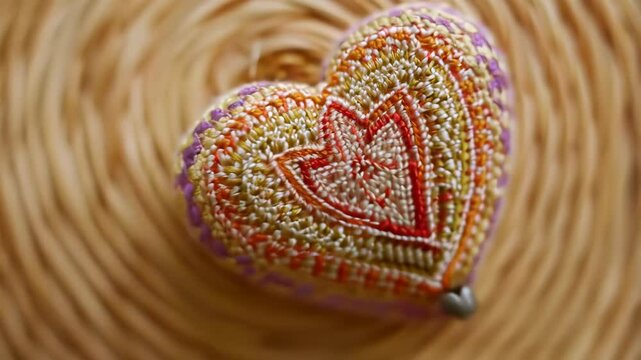 Detailed close-up of a handcrafted heart-shaped pillow displaying intricate embroidery with geometric patterns in white, red, gold, orange and purple hues.