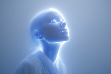 Fototapeta premium Serene luminous portrait of a woman looking upwards in a calming blue glow, expressing hope, spirituality, and inner peace in a tranquil ethereal environment.