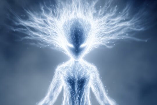 An ethereal being radiating a soft, blue light, emanating power and otherworldly energy, against a dark mysterious background creating an enigmatic atmosphere.