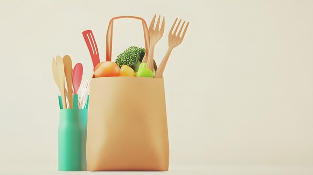 Paper grocery bag filled with produce and utensils.