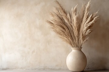 A tall arrangement of warm-toned pampas grass in a neutral ceramic vase, placed against a textured beige wall