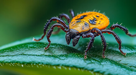 Fototapeta premium Bright orange tick on green leaf. A close-up view of a bright orange tick resting on a green leaf, showcasing its distinct features and natural habitat.