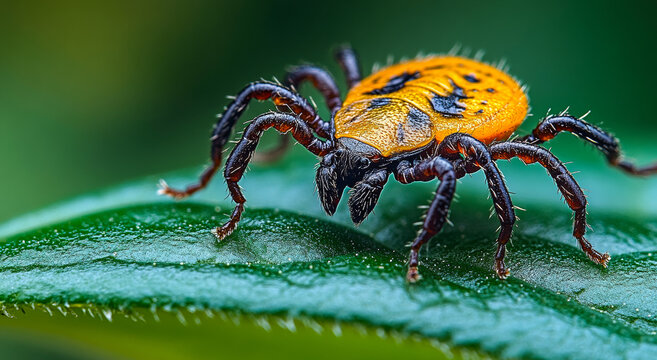 Bright orange tick on green leaf. A close-up view of a bright orange tick resting on a green leaf, showcasing its distinct features and natural habitat.