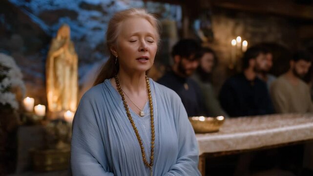 Group Praying the Rosary in Parish Hall with Statue of Mary