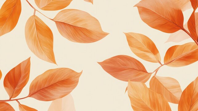 Watercolor painting of orange leaves on branches against a light cream colored background design style - Powered by Adobe