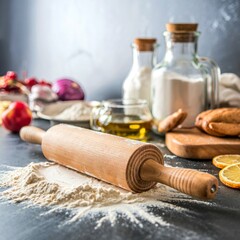 Kitchen rolling pin with flour on dark background selective focus depth of field
