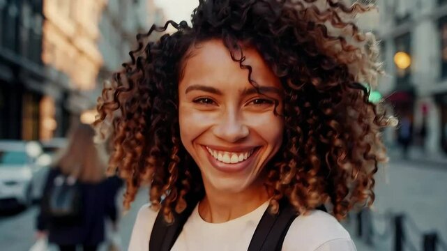 Carefree young woman laughing while walking in the city, joyful and sp