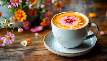 Beautiful floral coffee art in a cup. A cozy moment featuring a cup of coffee topped with floral latte art, surrounded by colorful flowers on a wooden table.